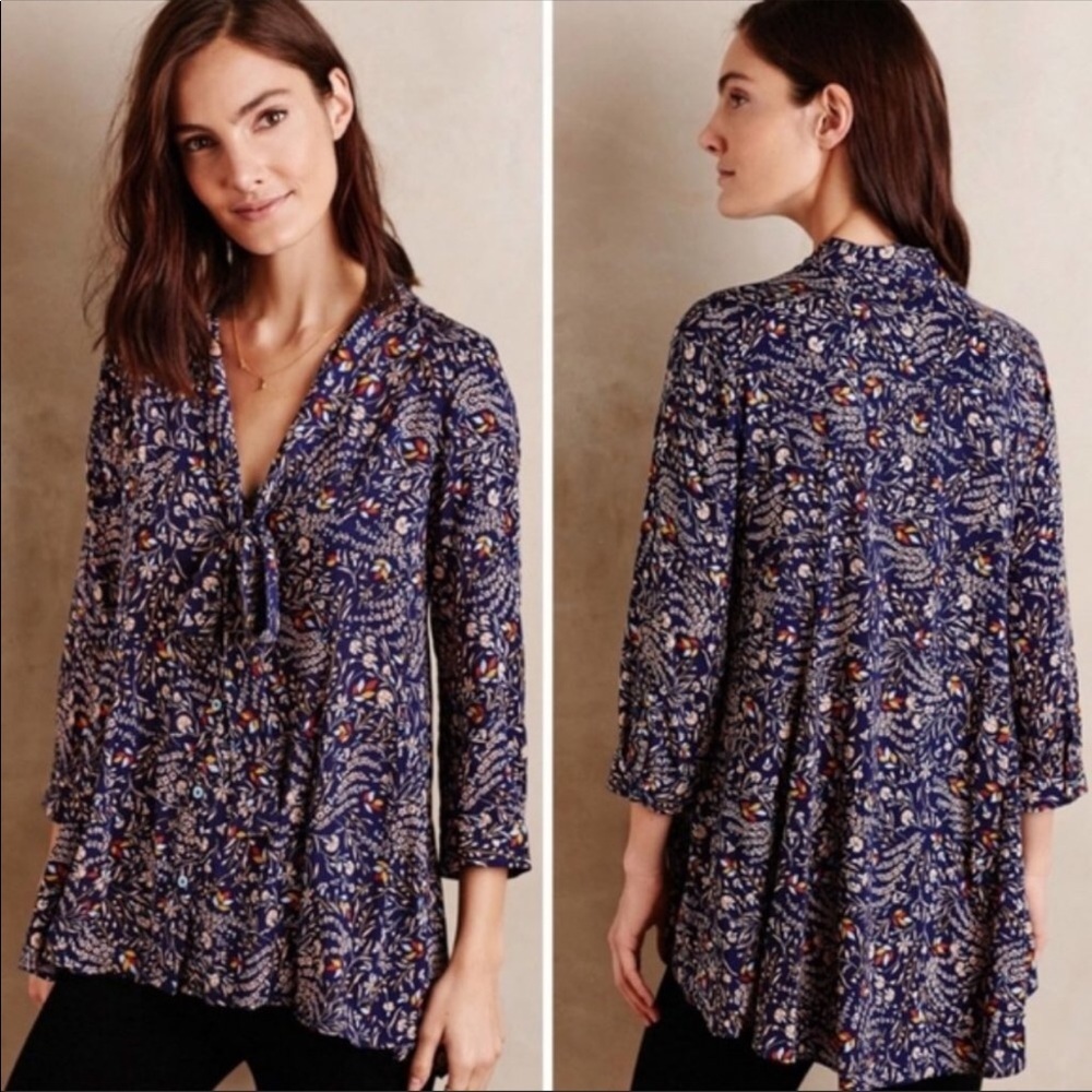 Anthropologie Maeve Floral Tie‎ Front Swing Tunic Top